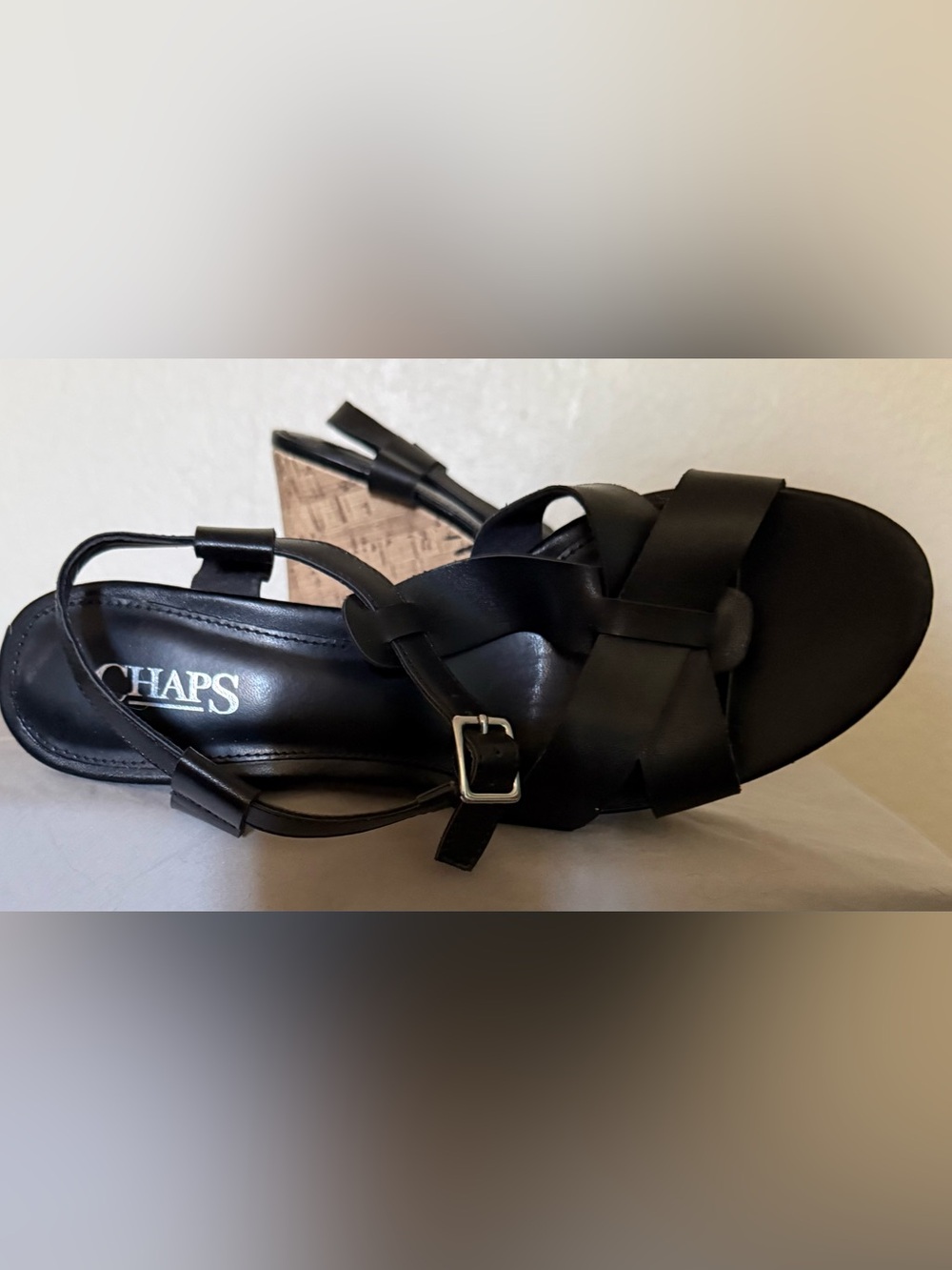 Chaps Black Strappy Wedge Sandals with Buckle